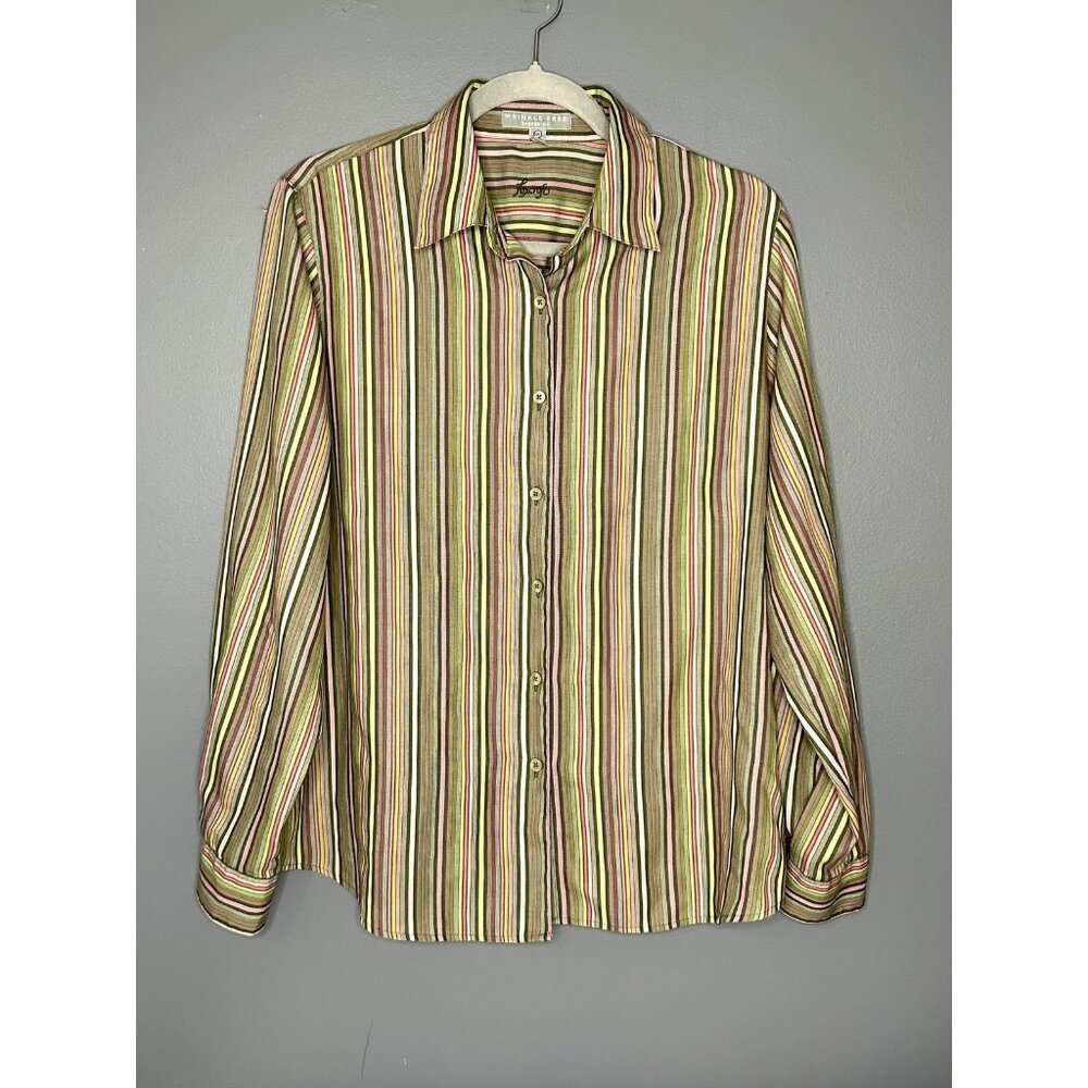 Foxcroft Striped Button Down Shirt Collared Womens 14 Green Pink Wrinkle Free